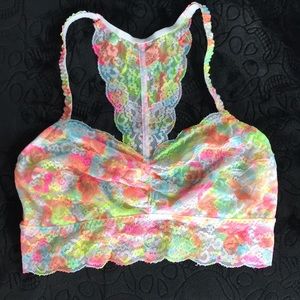 PINK racerback multi-colored stretchy lace bra top! Tags cut-out Sz Medium
